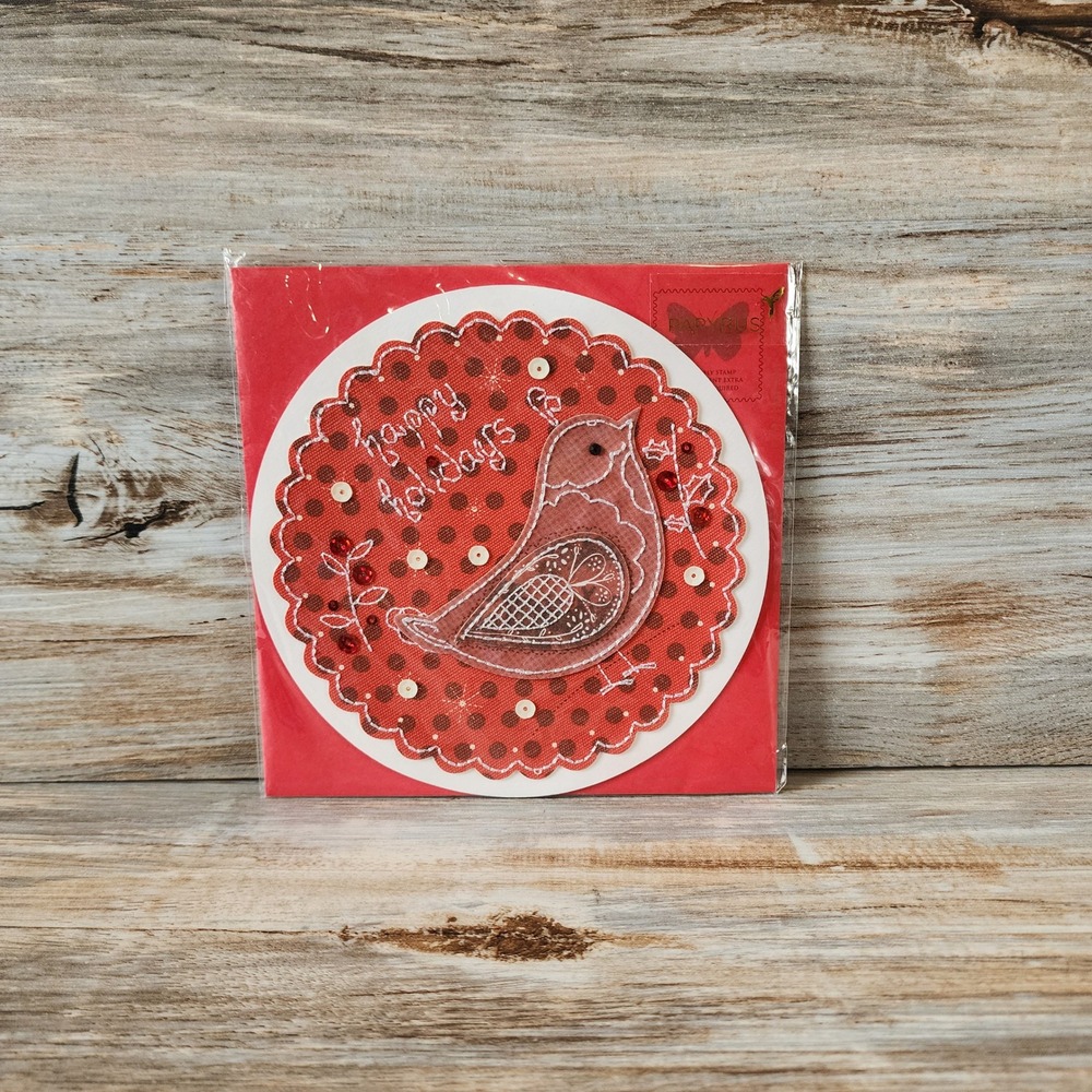 Papyrus Happy Holidays Bird Greeting Card Paula Viveiros Red Polka Dot Sequin